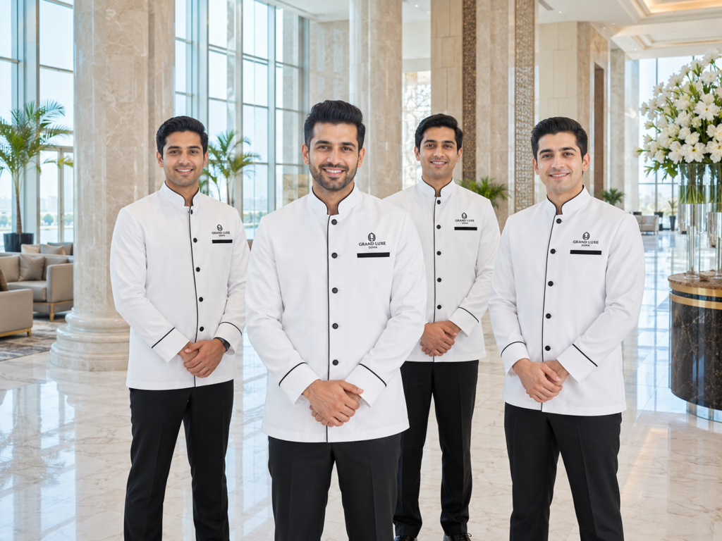 A professional portrait of male Hotel Housekeeping & Cleaning Staff in Qatar wearing premium white uniforms in a luxury hotel lobby in Doha, representing MSQ Trading WLL recruitment solutions.