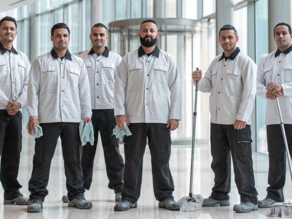 A group of professional male cleaners in white and black uniforms holding cleaning mops and cloths, supplied by MSQ, a premier cleaning manpower supplier in Qatar.