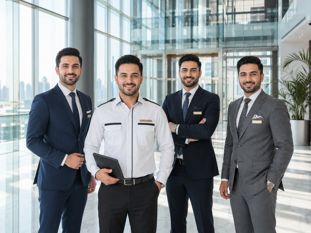 A wide-angle group portrait of professional male facility operations supervisors and cleaning supervisors standing in a bright modern commercial building lobby in Doha Qatar, illustrating the Cleaning Manpower Cost Guide Qatar 2026 breakdown.