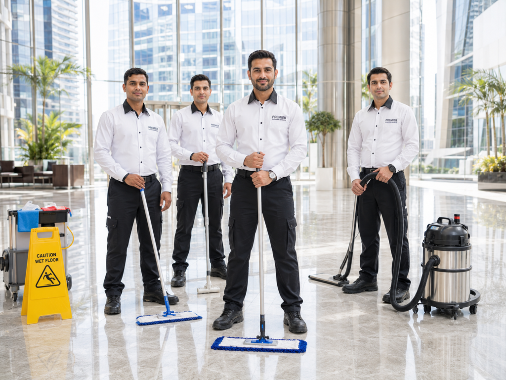 Four professional male hotel housekeeping staff from a premier cleaning manpower supply company in Qatar standing in a premium corporate lobby with a commercial vacuum cleaner, mops, and a caution wet floor sign, supplied by MSQ Trading WLL in 2026.
