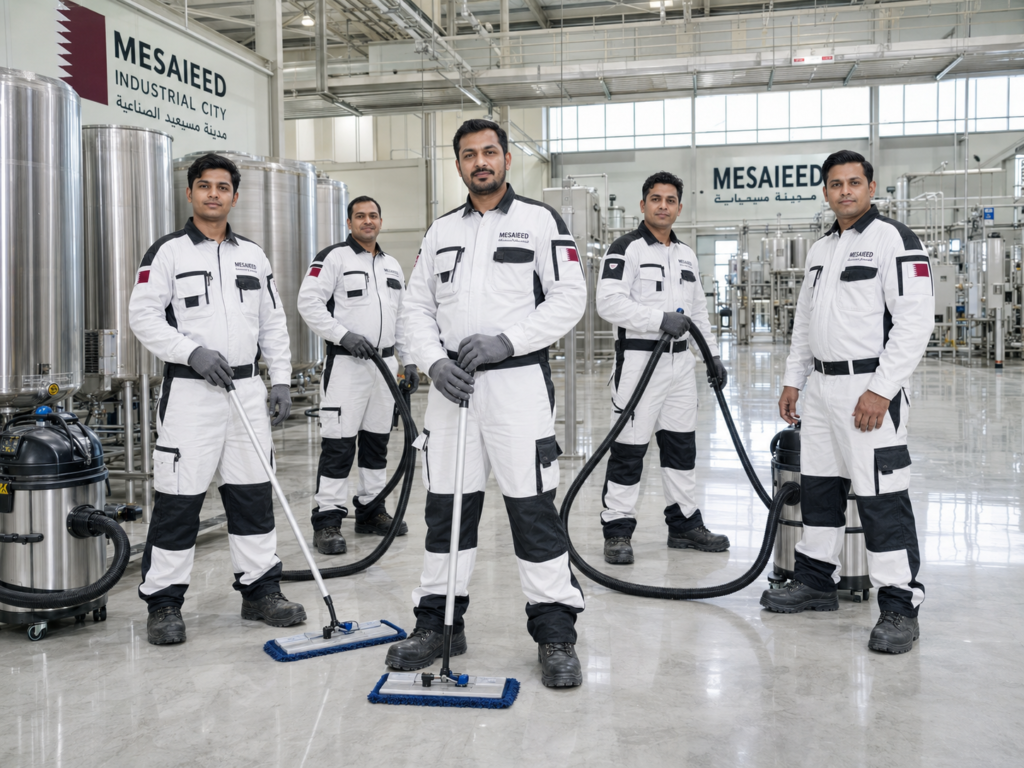 Four professional male cleaners standing in a luxury corporate lobby with mops and a vacuum cleaner, supplied by MSQ, a leading industrial cleaning manpower supplier in Qatar.