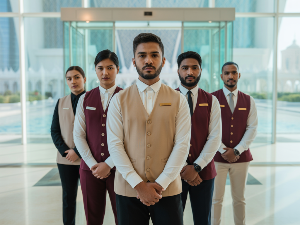 A diverse team of professional hotel hospitality staff in elegant beige and burgundy vests standing inside a luxury hotel lobby entrance, supplied by MSQ, a top hotel manpower supplier in Qatar.