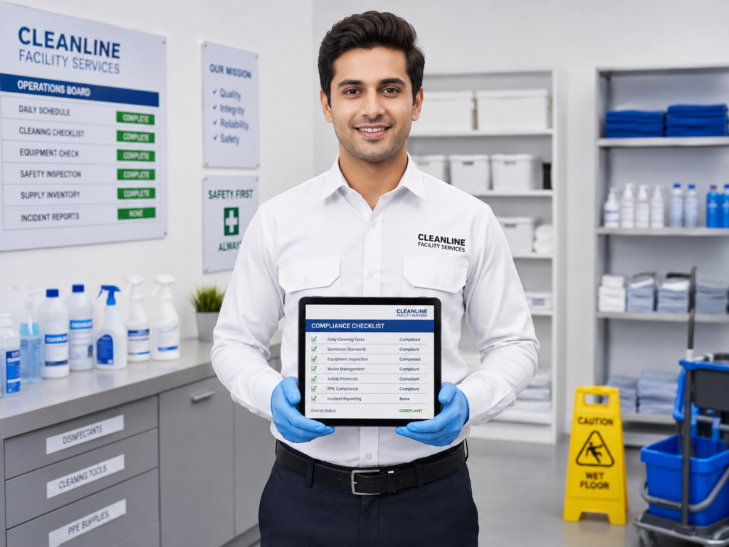 A professional male cleaning supervisor holding a digital tablet with a compliance checklist in a facility supply room, representing MSQ Trading WLL, a leading cleaning manpower supply company in Qatar for hotel housekeeping and recruitment in 2026.