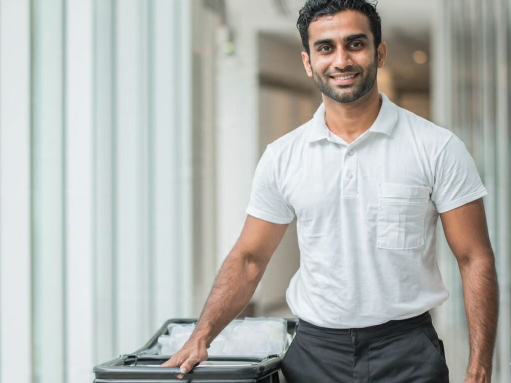 A smiling male professional cleaner in a white polo shirt pushing a cleaning service trolley, supplied by MSQ, a leading cleaning manpower supplier in Qatar.