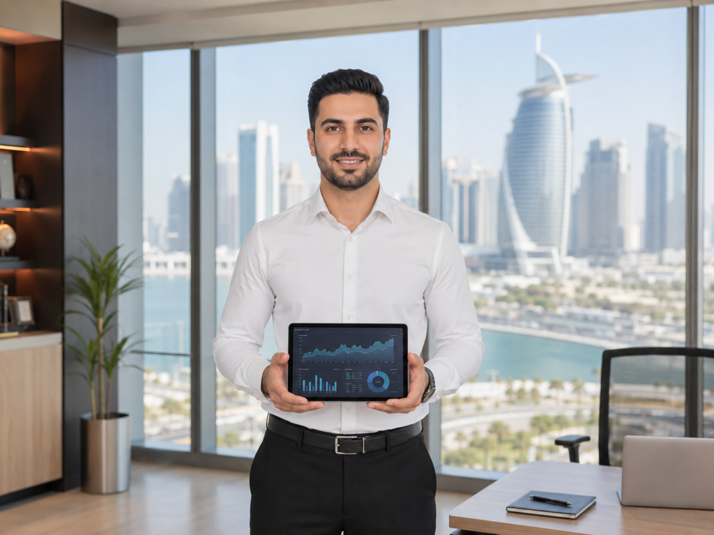 A professional male facility operations analyst with a fair complexion standing in a modern office in Doha, Qatar, holding a digital tablet displaying financial data charts for the transparent Cleaning Manpower Cost Guide Qatar 2026.