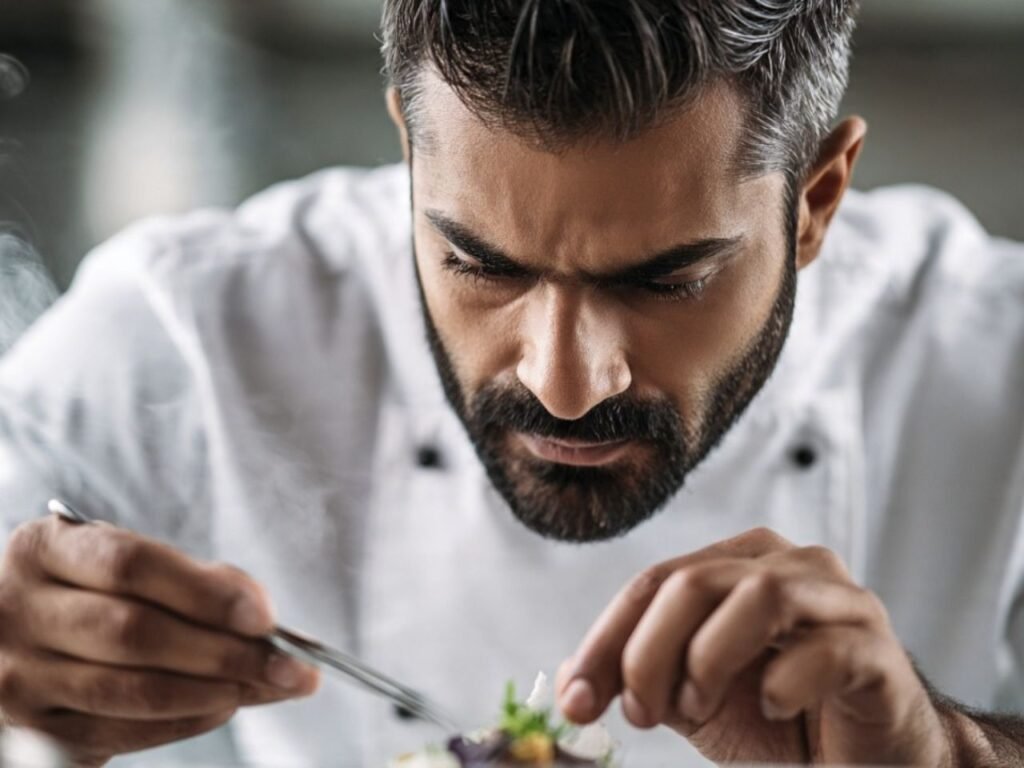 A professional male chef in a white jacket carefully plating a gourmet dish using tweezers, supplied by MSQ, a leading F&B manpower supplier in Qatar.