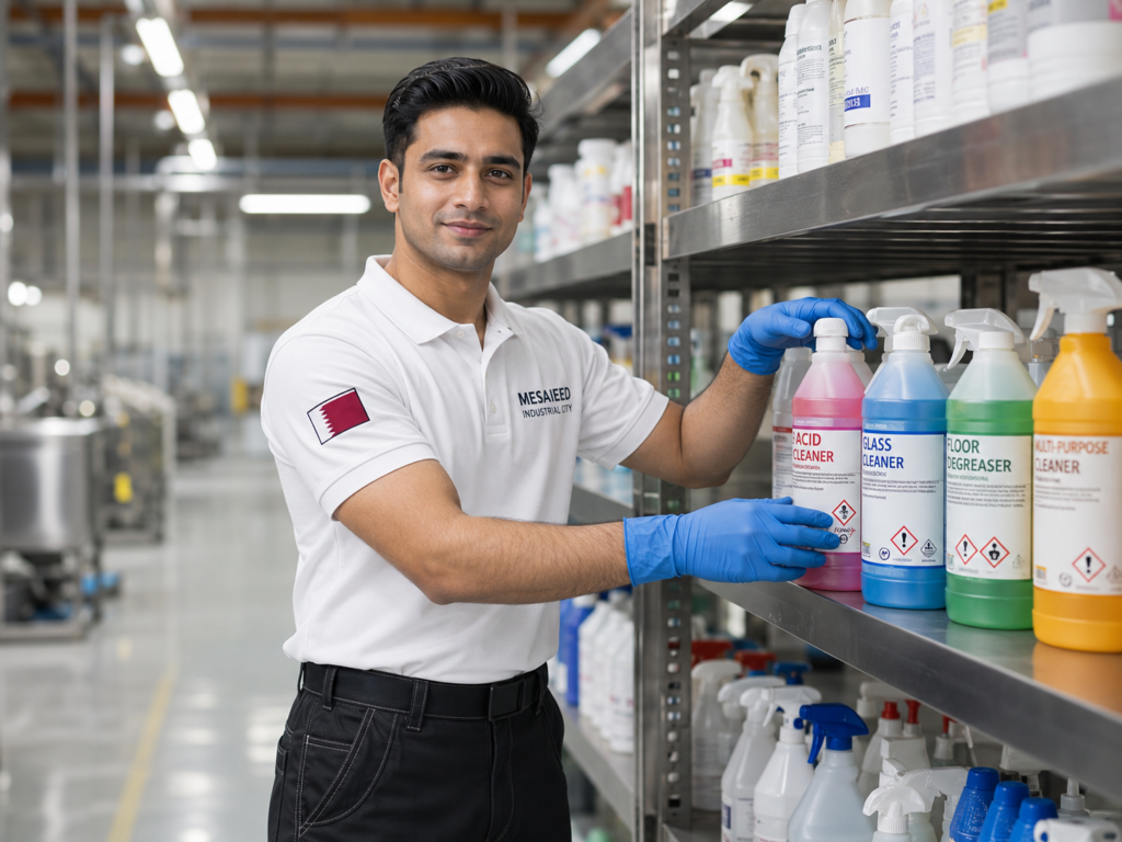 A male chemical handler wearing blue gloves holding industrial cleaning bottles in Mesaieed Industrial City, supplied by MSQ, a specialized industrial cleaning manpower supplier in Qatar.