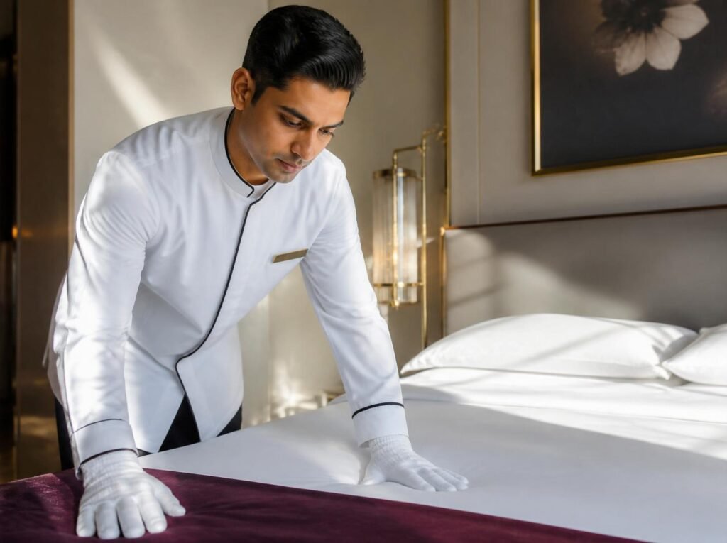 A professional male room attendant in a neat white uniform and gloves carefully smoothing the sheets while making a bed in a luxury hotel room, supplied by MSQ, a leading housekeeping staff supplier in Qatar.
