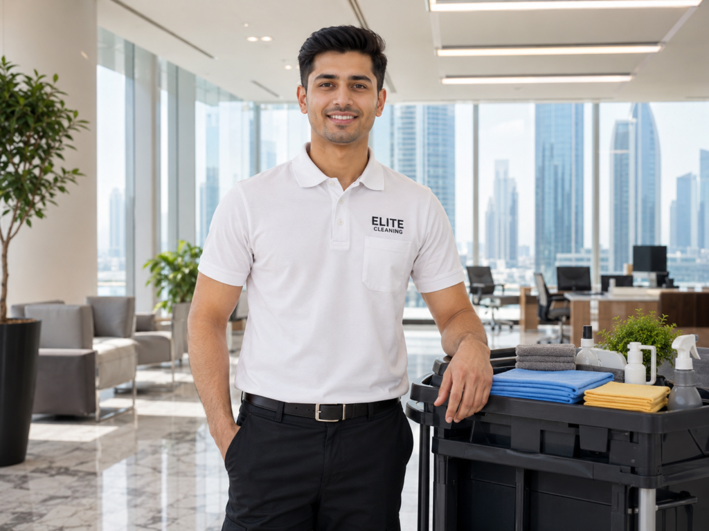 A smiling male commercial cleaner standing next to a cleaning janitorial trolley cart loaded with microfiber towels and sprays inside a modern corporate office in Doha, supplied by MSQ, a professional commercial cleaning staff supplier in Qatar.