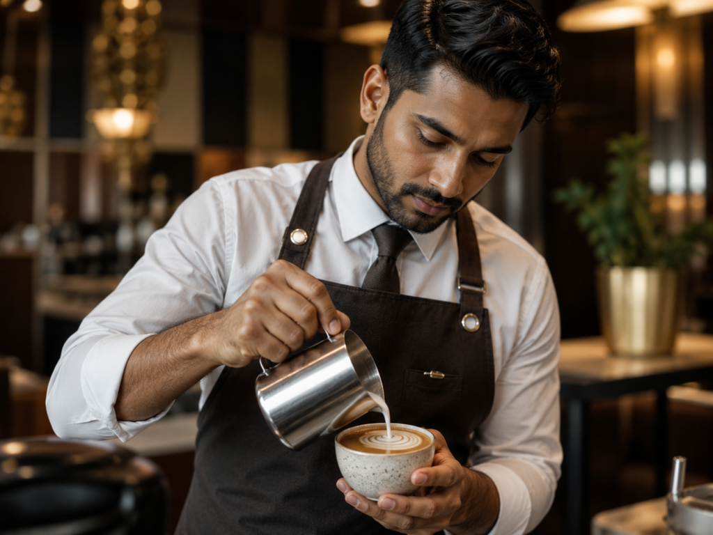 A photorealistic close-up of a focused male barista in a premium leather apron carefully pouring microfoam to create latte art inside a luxury hotel café in Qatar, supplied by MSQ, a leading hospitality manpower supplier in Qatar.