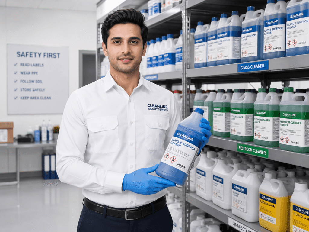A male cleaning worker wearing gloves and holding a glass cleaner container in a chemical storage room with safety posters, representing MSQ Trading WLL, a trusted cleaning manpower supply company in Qatar in 2026.