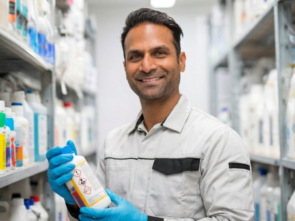 A smiling male safety-trained cleaner wearing blue gloves and holding a chemical cleaning bottle inside a facility storage room, supplied by MSQ, a certified cleaning manpower supplier in Qatar.