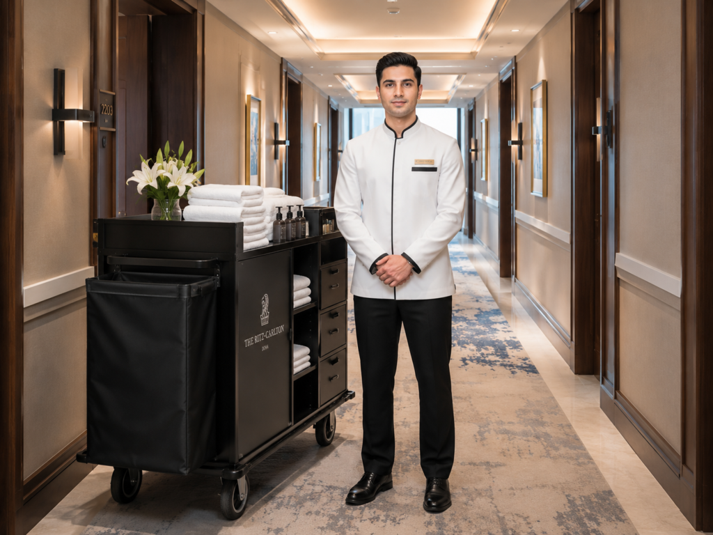 A sharp medium-wide shot of a professional male hotel room attendant with a fair complexion standing next to a luxury black housekeeping trolley in a premium hotel corridor in Doha, Qatar, illustrating the hospitality sector data within the Cleaning Manpower Cost Guide Qatar 2026.