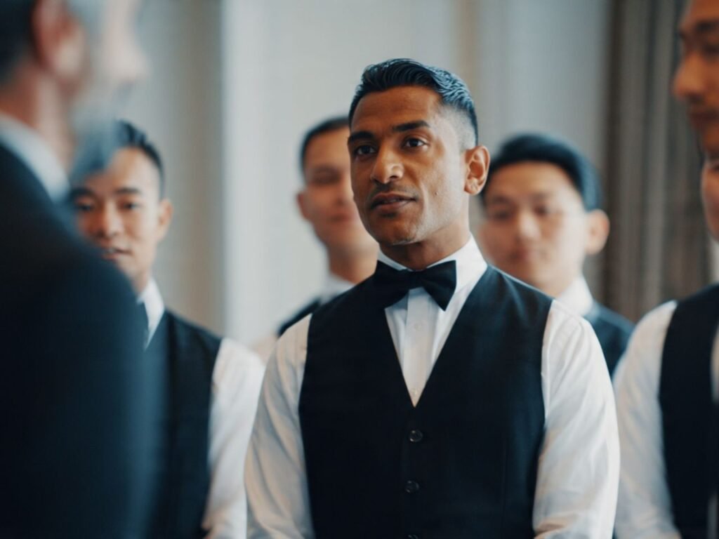 A group of professional male hotel servers and waiters in formal black vests and bow ties attending a briefing, supplied by MSQ, a leading hotel pre-opening manpower supplier in Qatar.