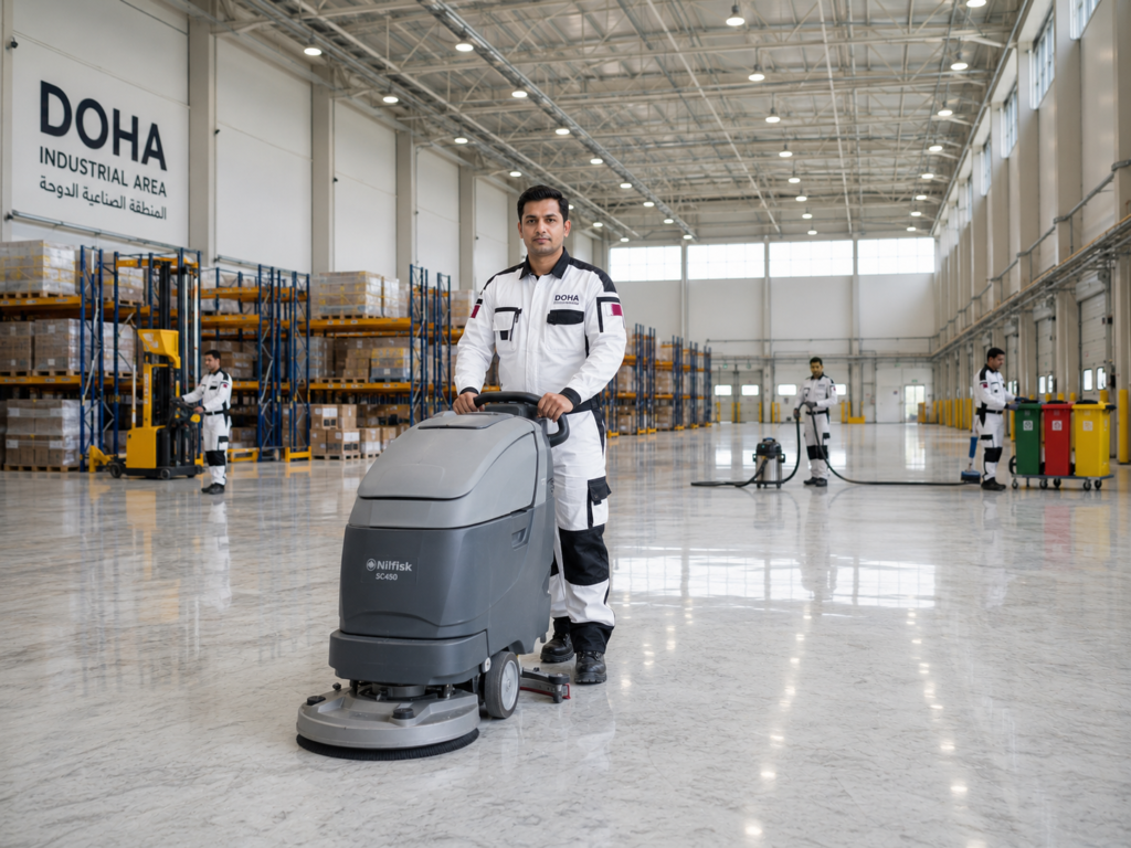 A professional cleaner operating a Nilfisk ride-on floor scrubber machine inside a large logistics warehouse in Doha Industrial Area, managed by MSQ, a trusted industrial cleaning manpower supplier in Qatar.