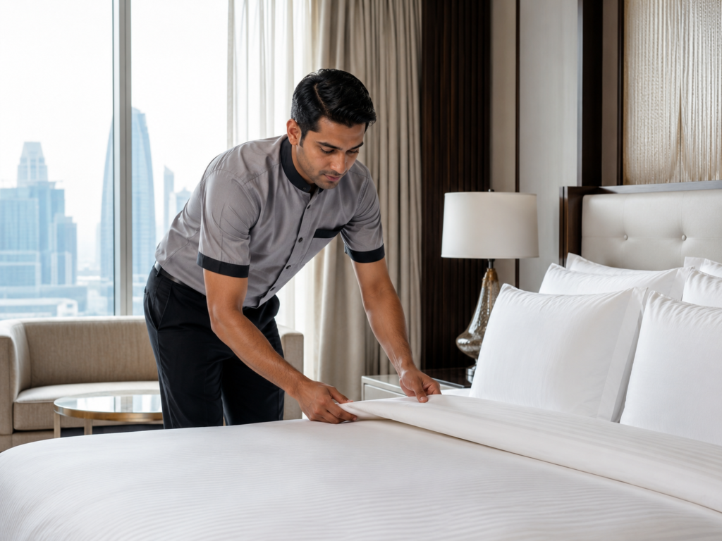 A professional male room attendant in a grey uniform carefully folding and tucking crisp white bed sheets in a high-end luxury hotel suite, supplied by MSQ, a premier hospitality manpower supplier in Qatar.