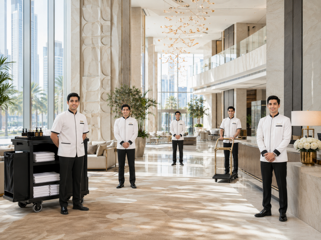 Five male Hotel Housekeeping & Cleaning Staff in Qatar standing with a full housekeeping trolley in a premium hotel reception area in Doha, supplied by MSQ Trading WLL.