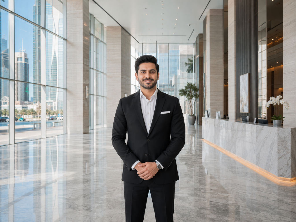 A professional male facility procurement manager with a fair complexion standing in the center of a clean, modern corporate building lobby in West Bay, Doha, Qatar, illustrating the all-inclusive manpower rate vs direct hiring costs comparison for the Cleaning Manpower Cost Guide Qatar 2026.