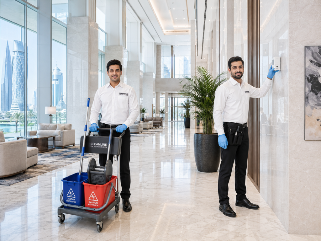 Two professional male cleaners operating a mop trolley and inspecting facilities inside a luxury high-end lobby in Doha, representing MSQ Trading WLL, a premium cleaning manpower supply company in Qatar in 2026.
