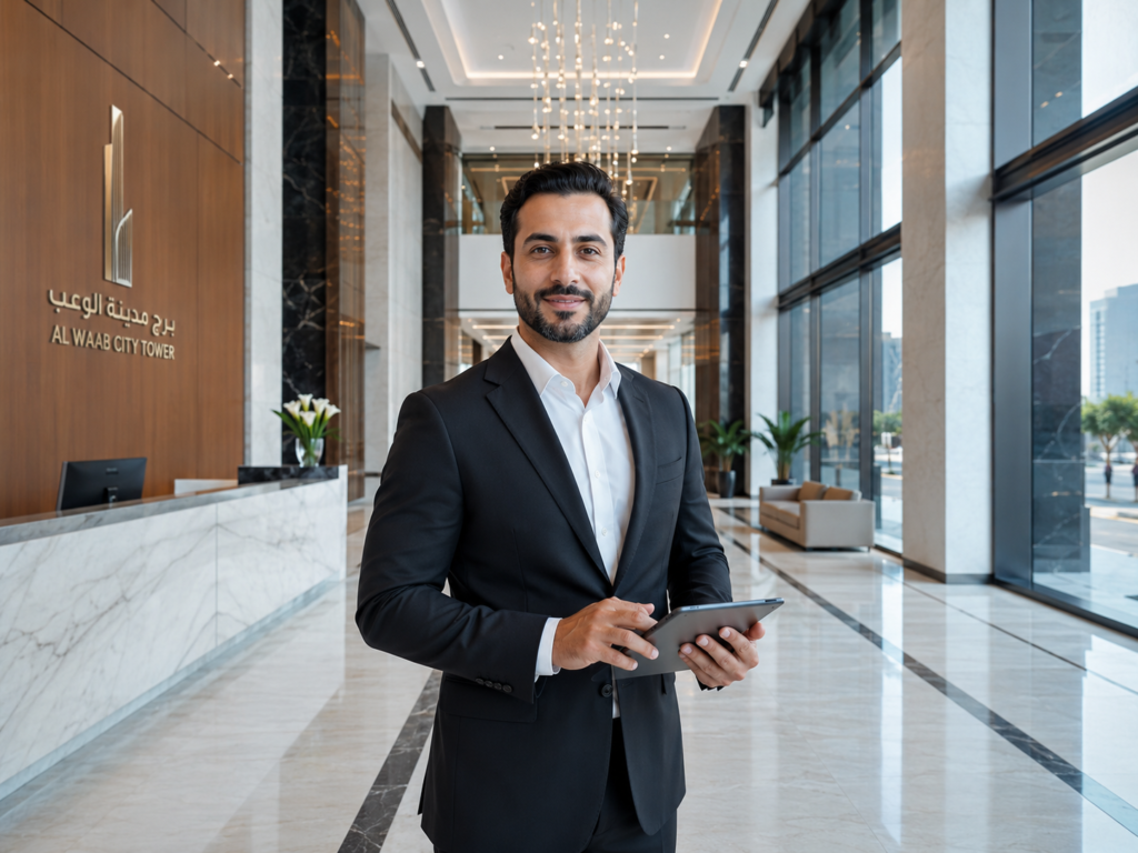 A professional facility cleaning manager in a black business suit holding a tablet inside the luxury lobby of Al Waab City Tower, supplied by MSQ, a leading commercial cleaning staff supplier in Qatar.