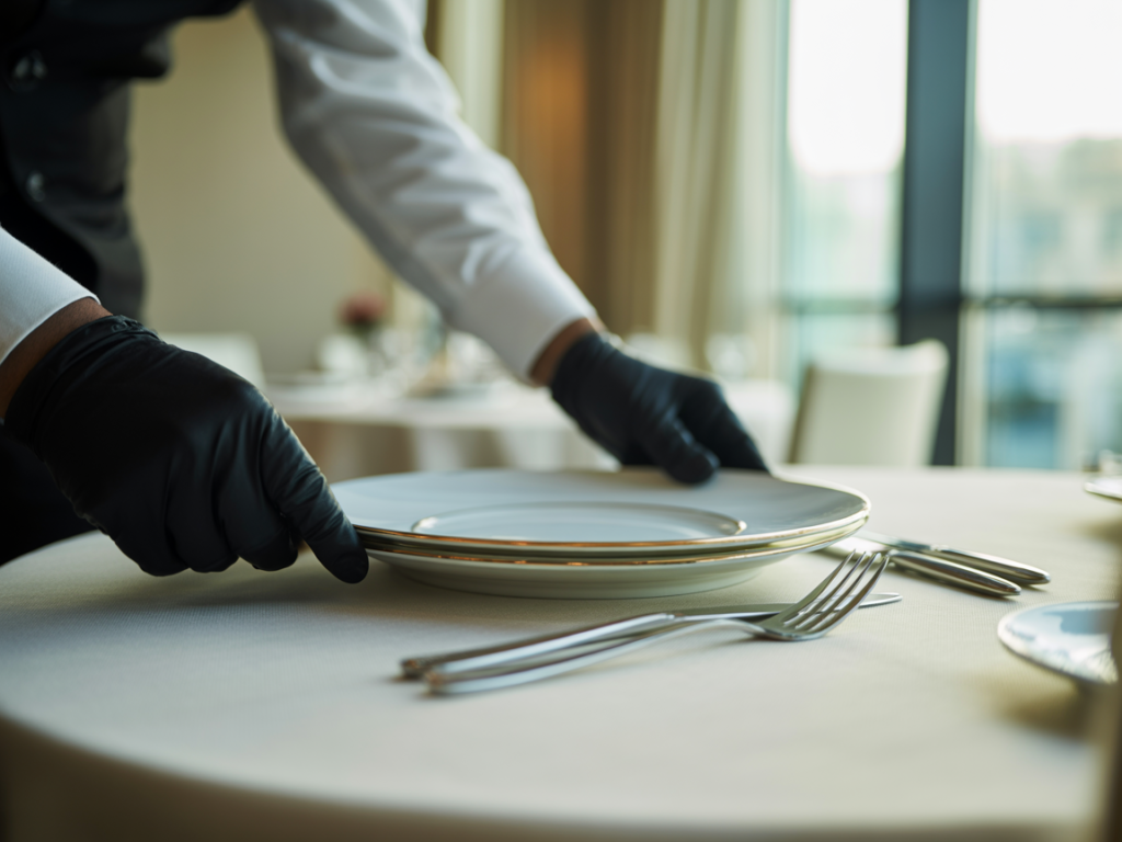 A close-up of a hotel waiter wearing black gloves precisely setting fine dining plates and cutlery on a restaurant table, supplied by MSQ, a reliable hotel manpower supplier in Qatar.