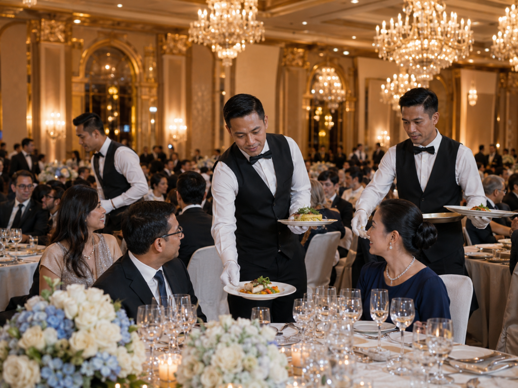 Professional hotel banquet waiters in white shirts and black vests serving gourmet dishes to guests at a luxury gala event inside a grand ballroom, supplied by MSQ, a trusted hospitality manpower supplier in Qatar.