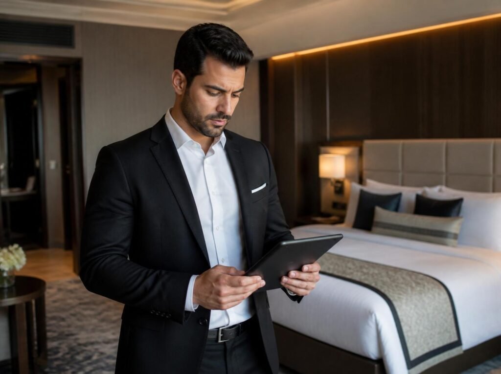 A professional male hotel housekeeping supervisor in a sharp black suit and white shirt checking data on a digital tablet inside a luxury hotel suite, supplied by MSQ, a leading housekeeping staff supplier in Qatar.