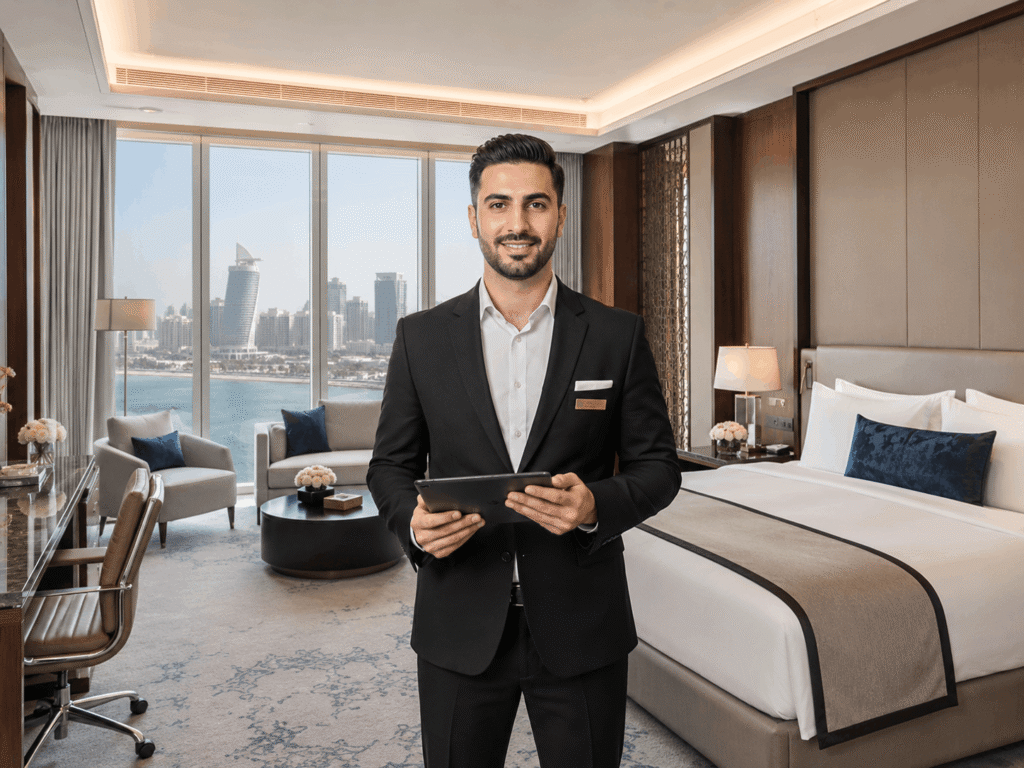 A professional male Hotel Housekeeping & Cleaning Staff in Qatar holding a tablet during a final room quality inspection audit, showcasing premium hotel housekeeping and cleaning staff in Qatar 2026 standard practices.