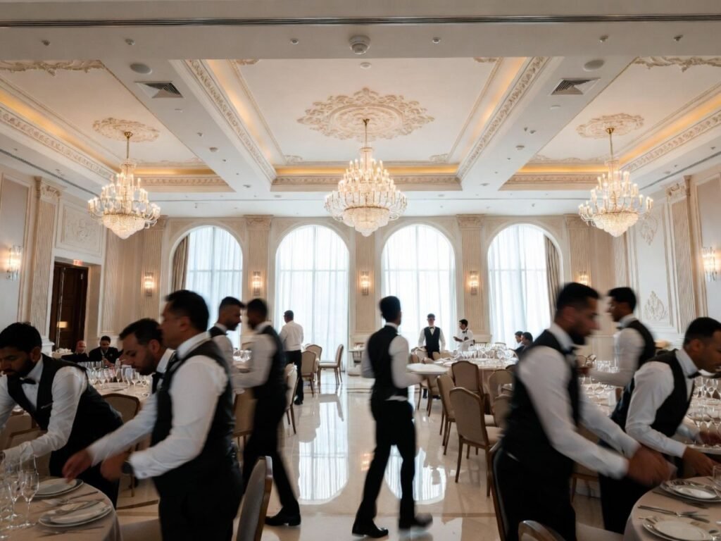 A busy team of male F&B banquet waiters setting tables and serving food inside a luxury hotel dining hall with large crystal chandeliers, supplied by MSQ, a reliable F&B manpower supplier in Qatar.