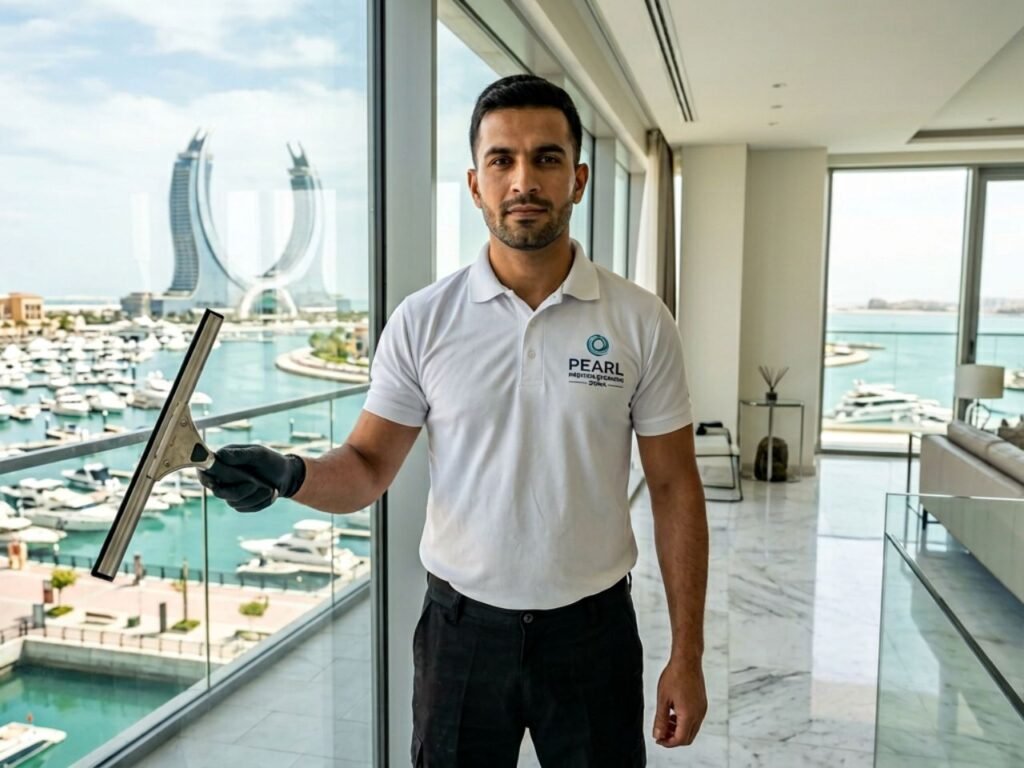 A professional window cleaner holding a glass squeegee wiper inside a luxury apartment overlooking The Pearl-Qatar marina, supplied by MSQ, a trusted cleaning manpower supplier in Qatar.