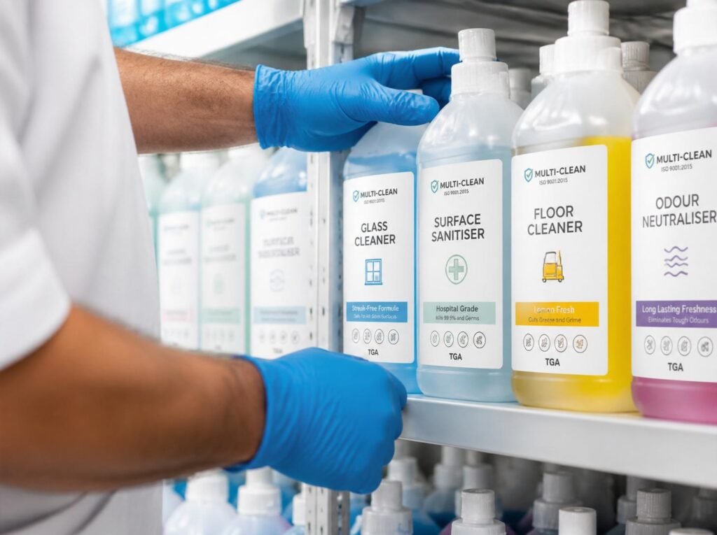 A close-up of a worker in blue gloves organizing certified housekeeping chemicals like surface sanitizers and floor cleaners on a supply shelf, backed by MSQ, a professional housekeeping staff supplier in Qatar.