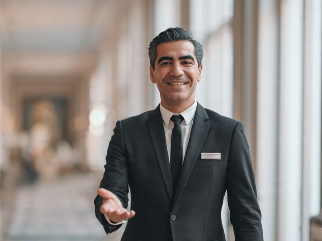 A smiling professional male hotel concierge manager in a black suit and tie gesturing a welcome inside a luxury hotel hallway, supplied by MSQ, a premier hotel pre-opening manpower supplier in Qatar.