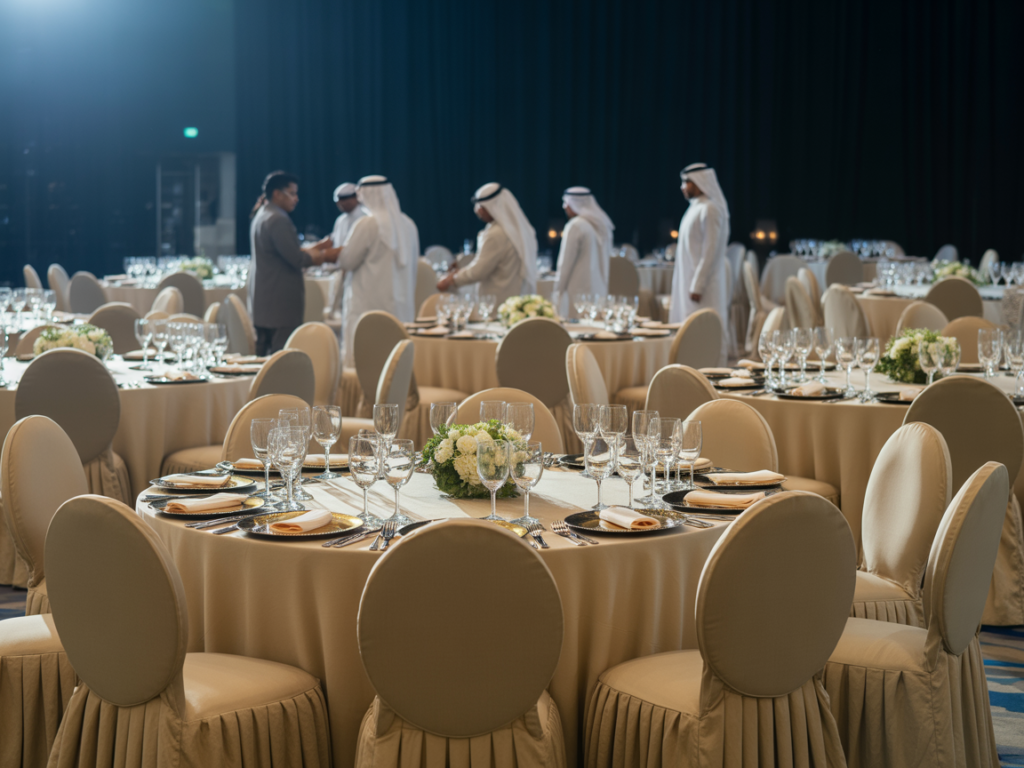 A luxury hotel ballroom banquet setup with beautifully decorated round tables, crystal glasses, and Qatari men in traditional thobes in the background, supported by MSQ, a leading hotel manpower supplier in Qatar.