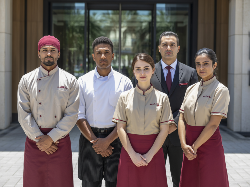 A multi-department team of hotel staff including chefs, servers, and front office managers in uniform standing outside a luxury property entrance, supplied by MSQ, a trusted hotel manpower supplier in Qatar.