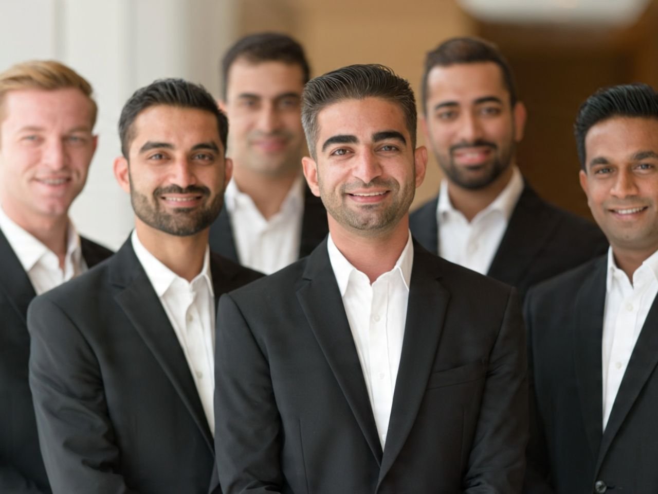 A group of well-groomed, professional male event hosts and VIP ushers in sharp black suits and white shirts, supplied by MSQ, a reliable event hospitality staff supplier in Qatar.
