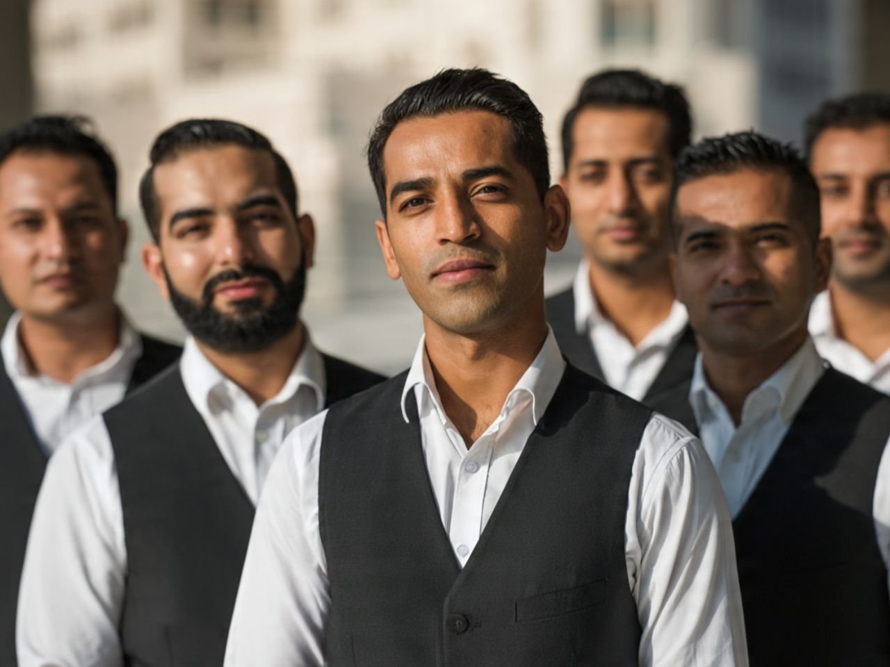 A group of professional male hotel hospitality staff in formal black vests and white shirts standing outdoors, supplied by MSQ, a leading hotel pre-opening manpower supplier in Qatar.