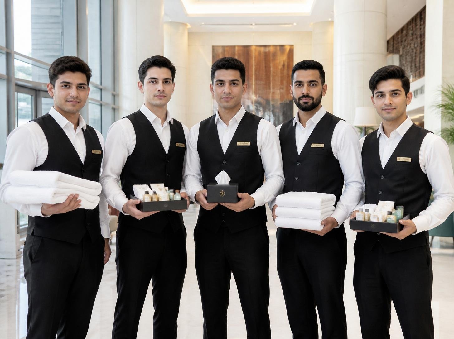 A team of professional male hotel housekeeping staff holding clean white towels and guest amenities trays inside a luxury hotel lobby, supplied by MSQ, a trusted housekeeping staff supplier in Qatar.