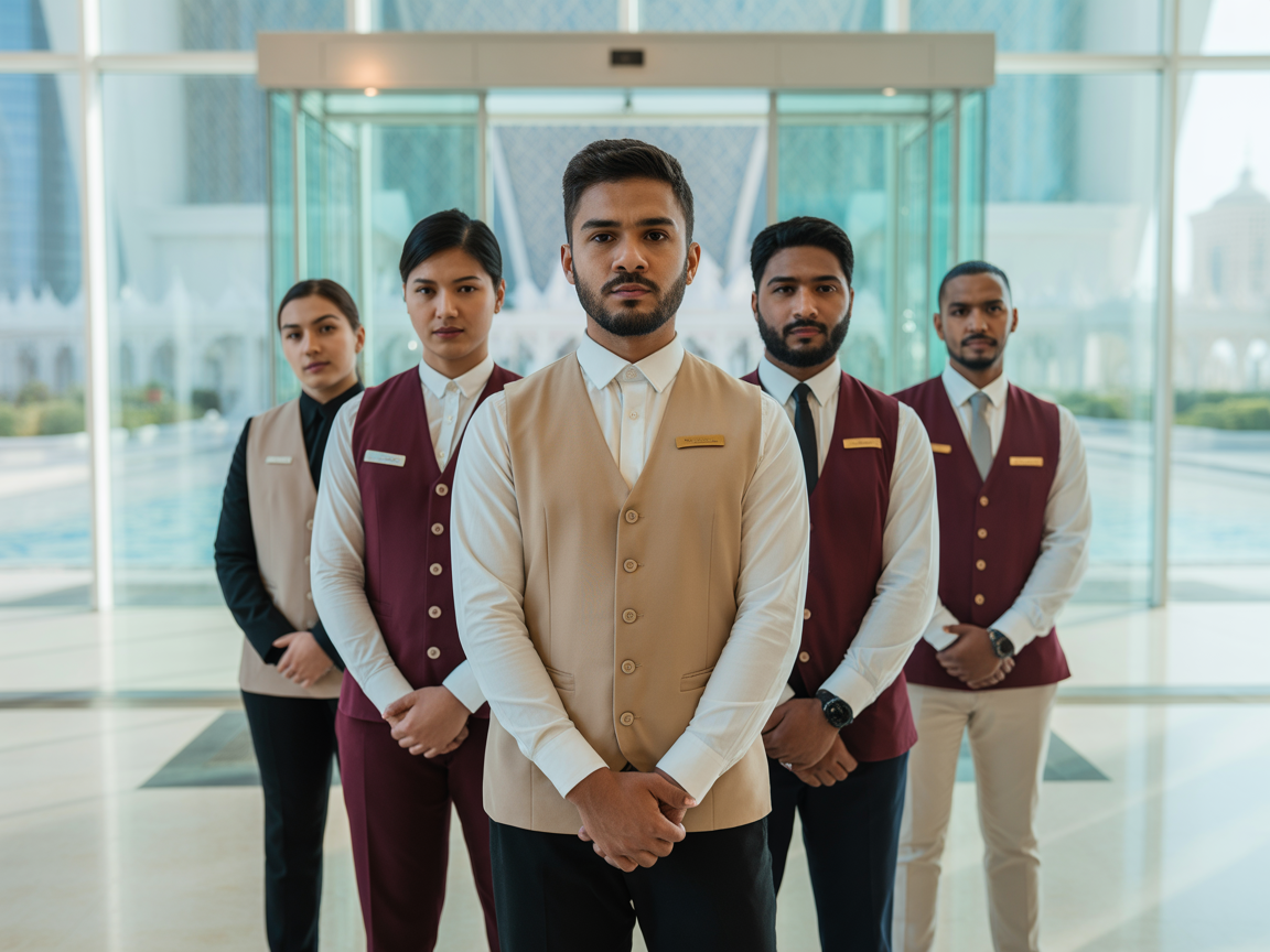 A diverse team of professional hotel hospitality staff in elegant beige and burgundy vests standing inside a luxury hotel lobby entrance, supplied by MSQ, a top hotel manpower supplier in Qatar.