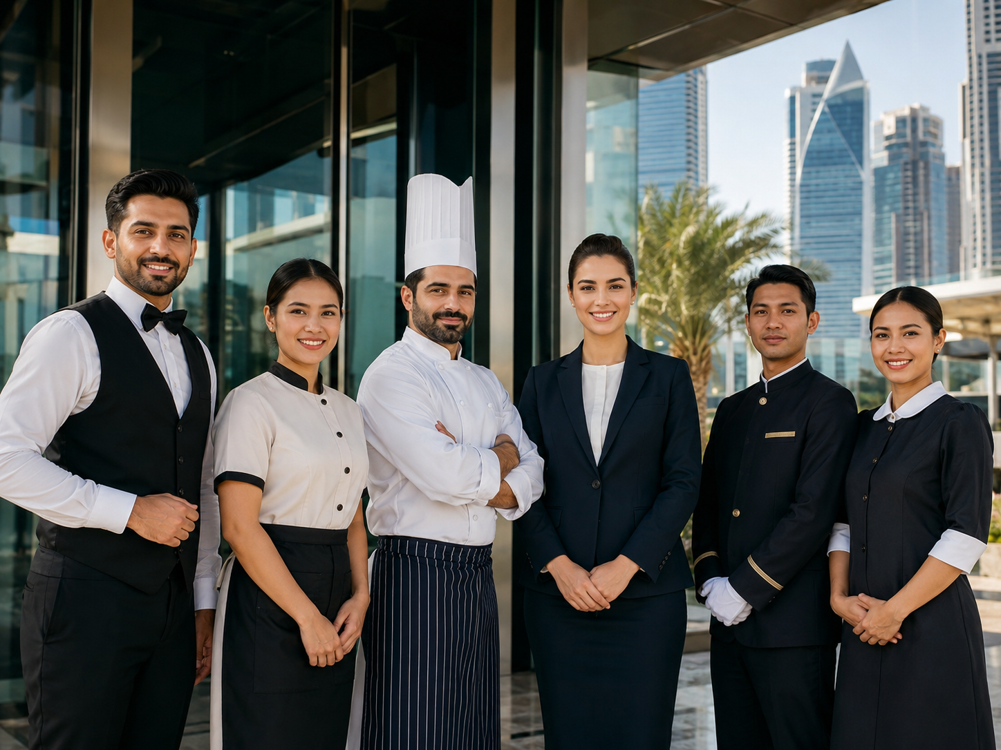 A diverse team of professional hospitality staff including a chef, waiter, receptionist, and attendants standing in uniform outside a modern luxury hotel in Doha, supplied by MSQ, a top hospitality manpower supplier in Qatar.