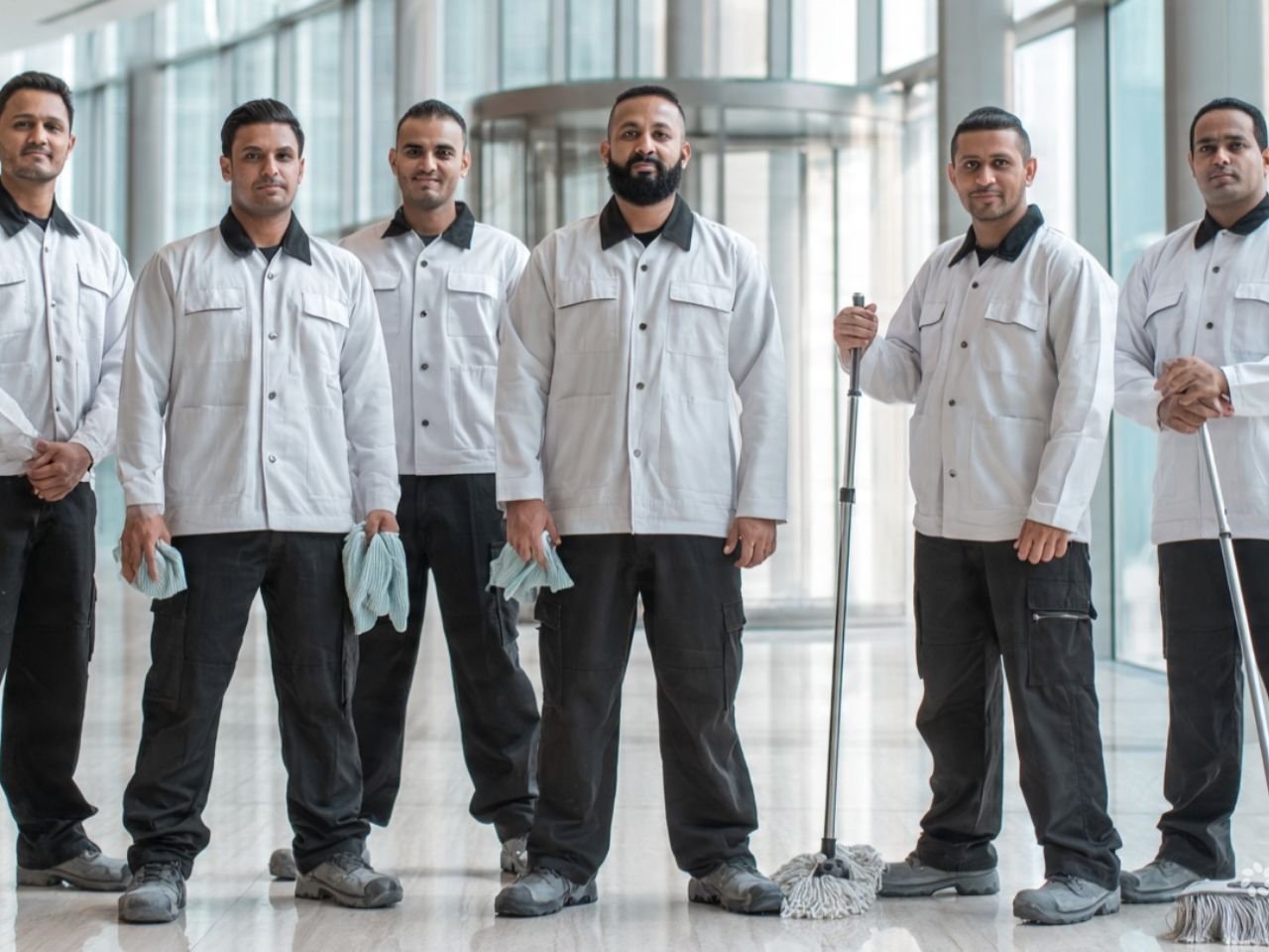 A group of professional male cleaners in white and black uniforms holding cleaning mops and cloths, supplied by MSQ, a premier cleaning manpower supplier in Qatar.